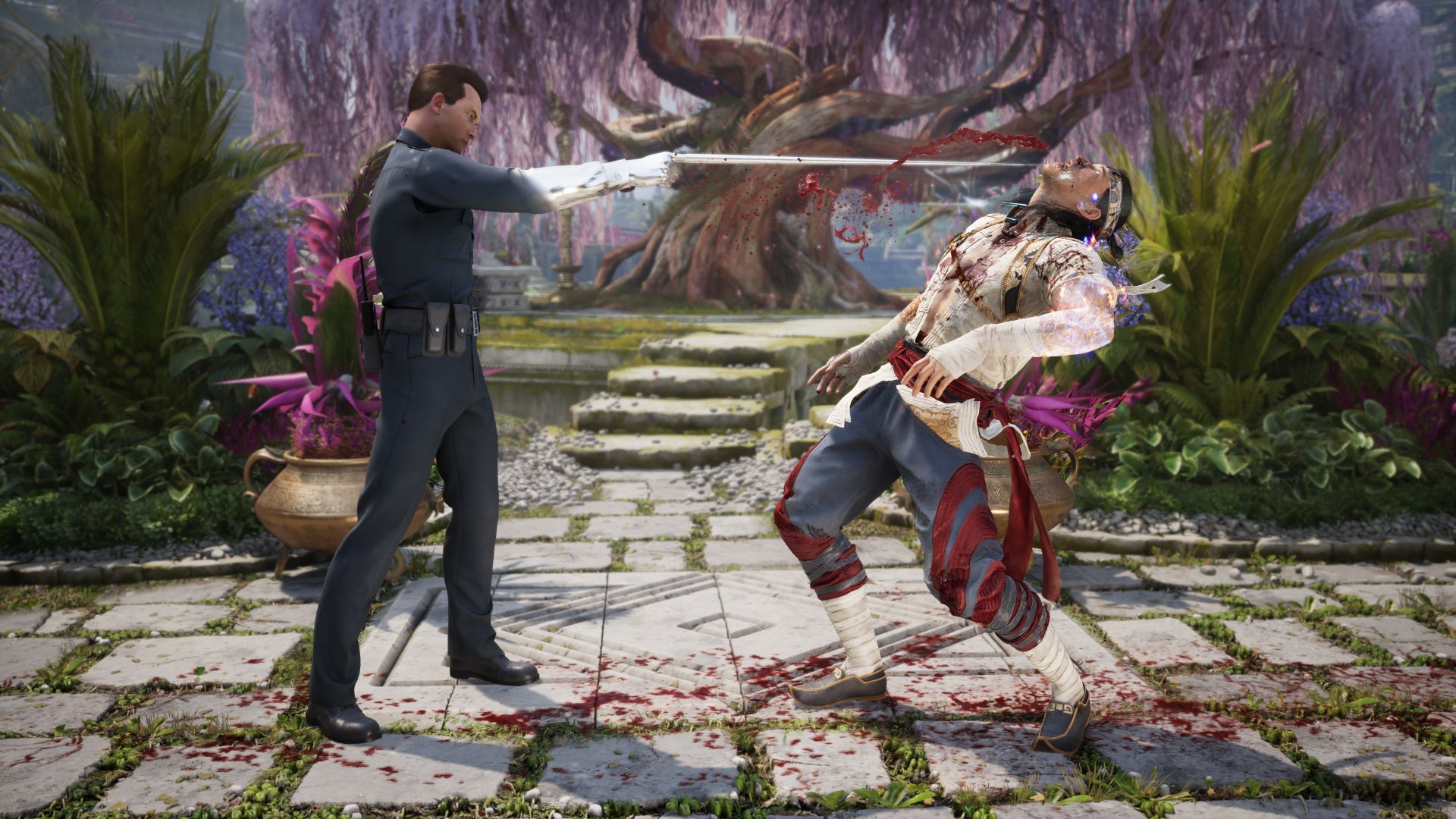Screenshot of the T-1000 character from Mortal Kombat 1 in combat